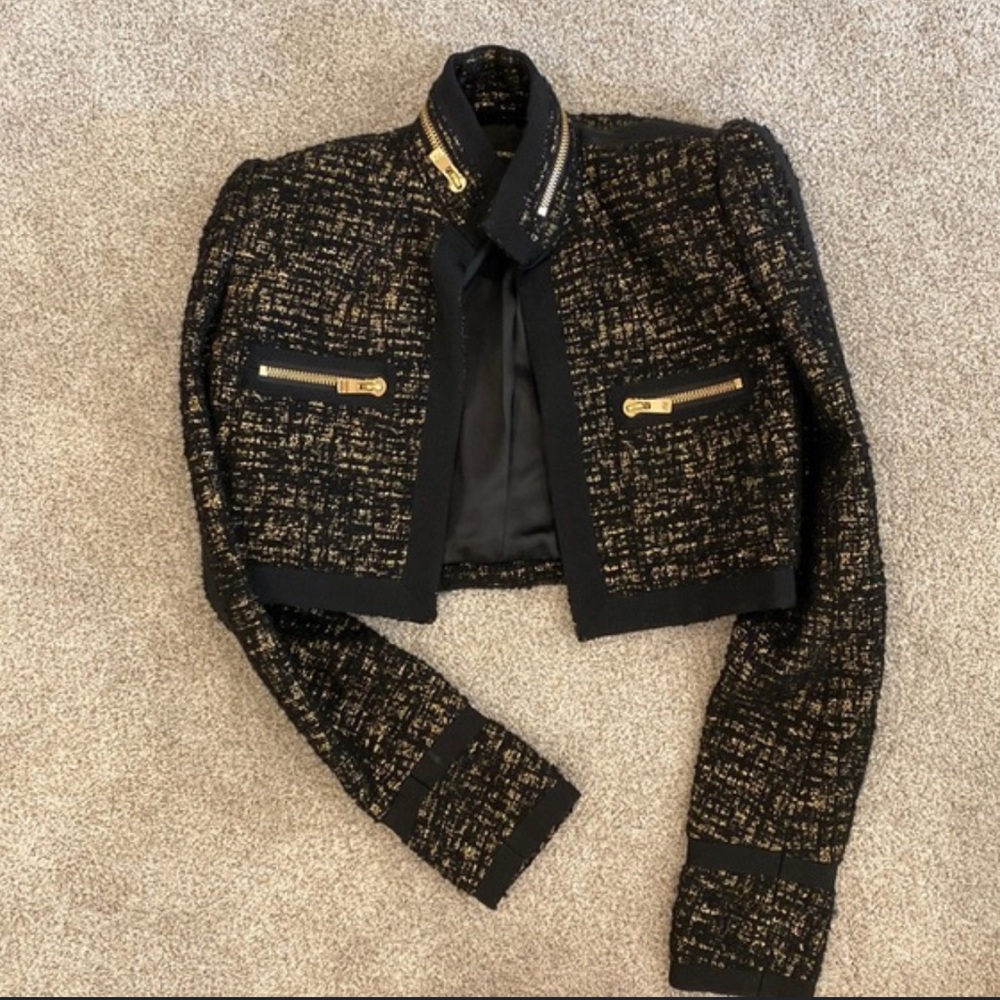 STUNNING Alexandre Vauthier Black & Gold Tweed Cropped Blazer